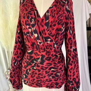 Vintage Due Per Due 100% silk Red & Black Leopard Print Wrap Top S